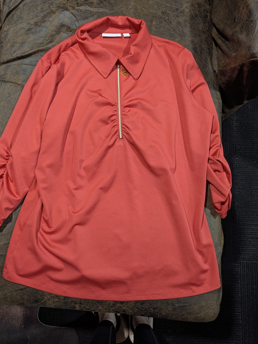 Susan Graver Coral Zip-Neck Long Sleeve Polo